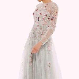 Mac Duggal Platinum Gray Floral Embroidered Long Sleeve A-Line Gown